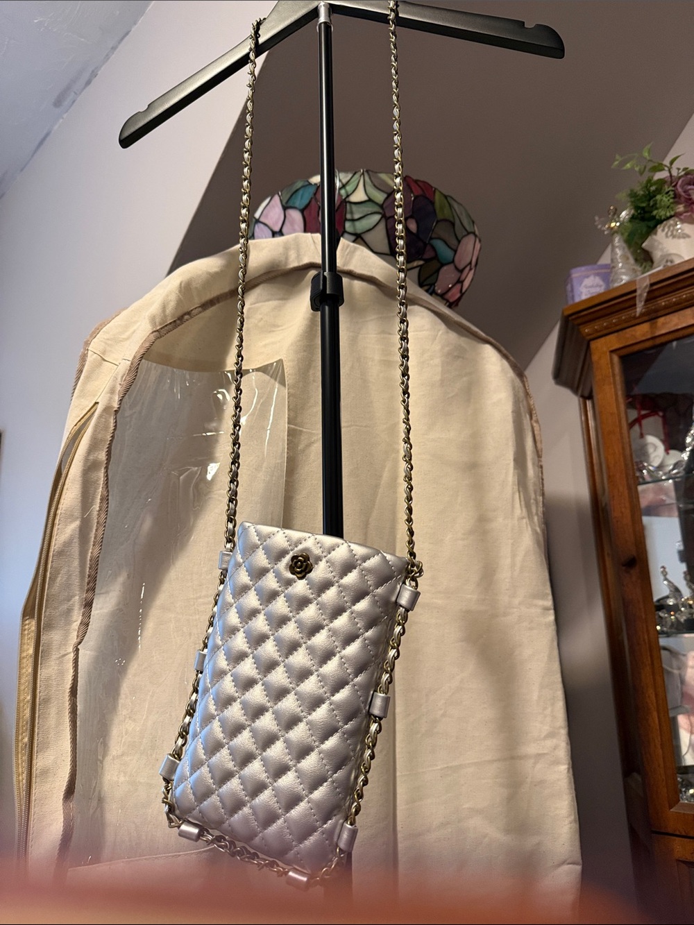 Quilted Metallic Silver Crossbody Phone Bag - Women's Shoulder Chain Purse